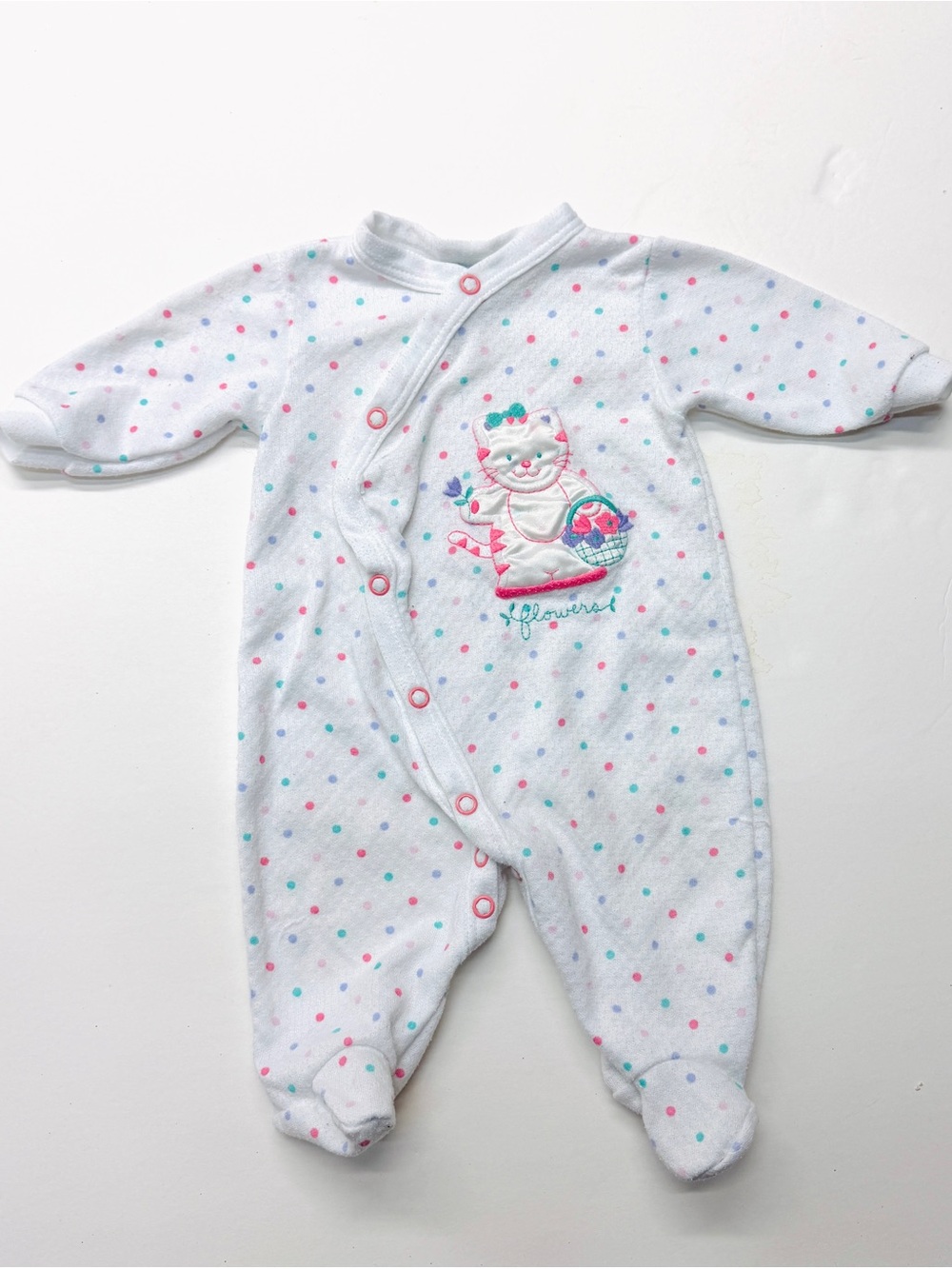 Vintage 80s Royal Heir Cat Kitten Polka-Dot Footie One Piece Sleeper White Pink